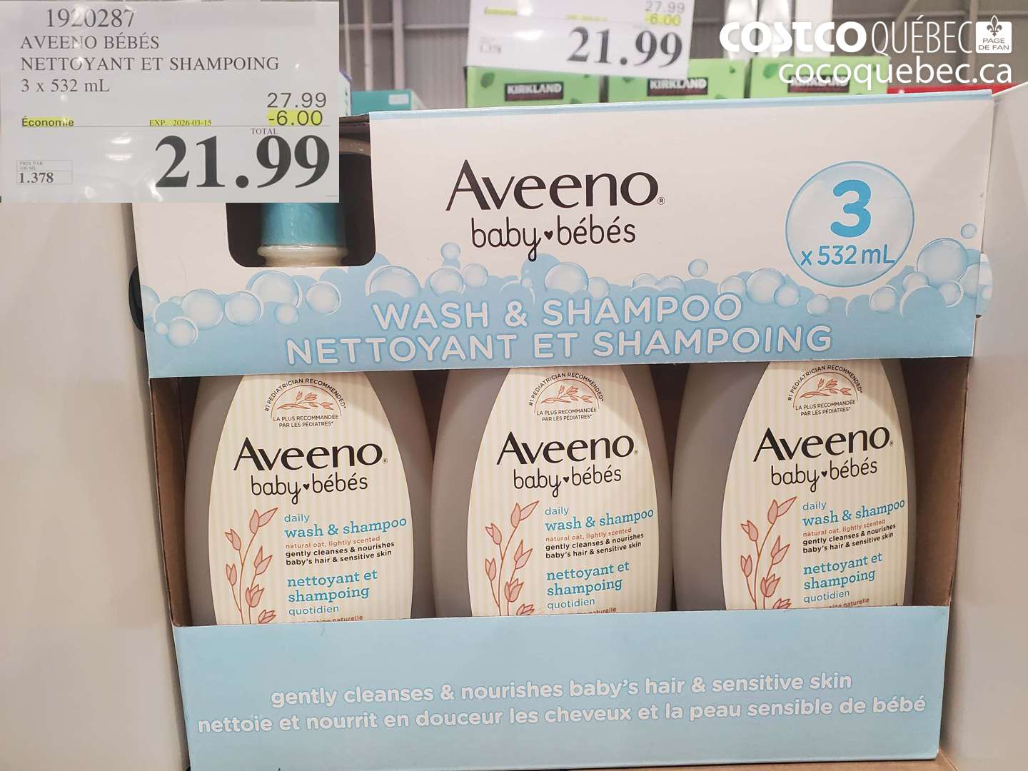 1920287 AVEENO BÉBÉS NETTOYANT ET SHAMPOING 3 X 532 ML ($6.00 INSTANT SAVINGS EXPIRES ON 2026-03-15) $21.99