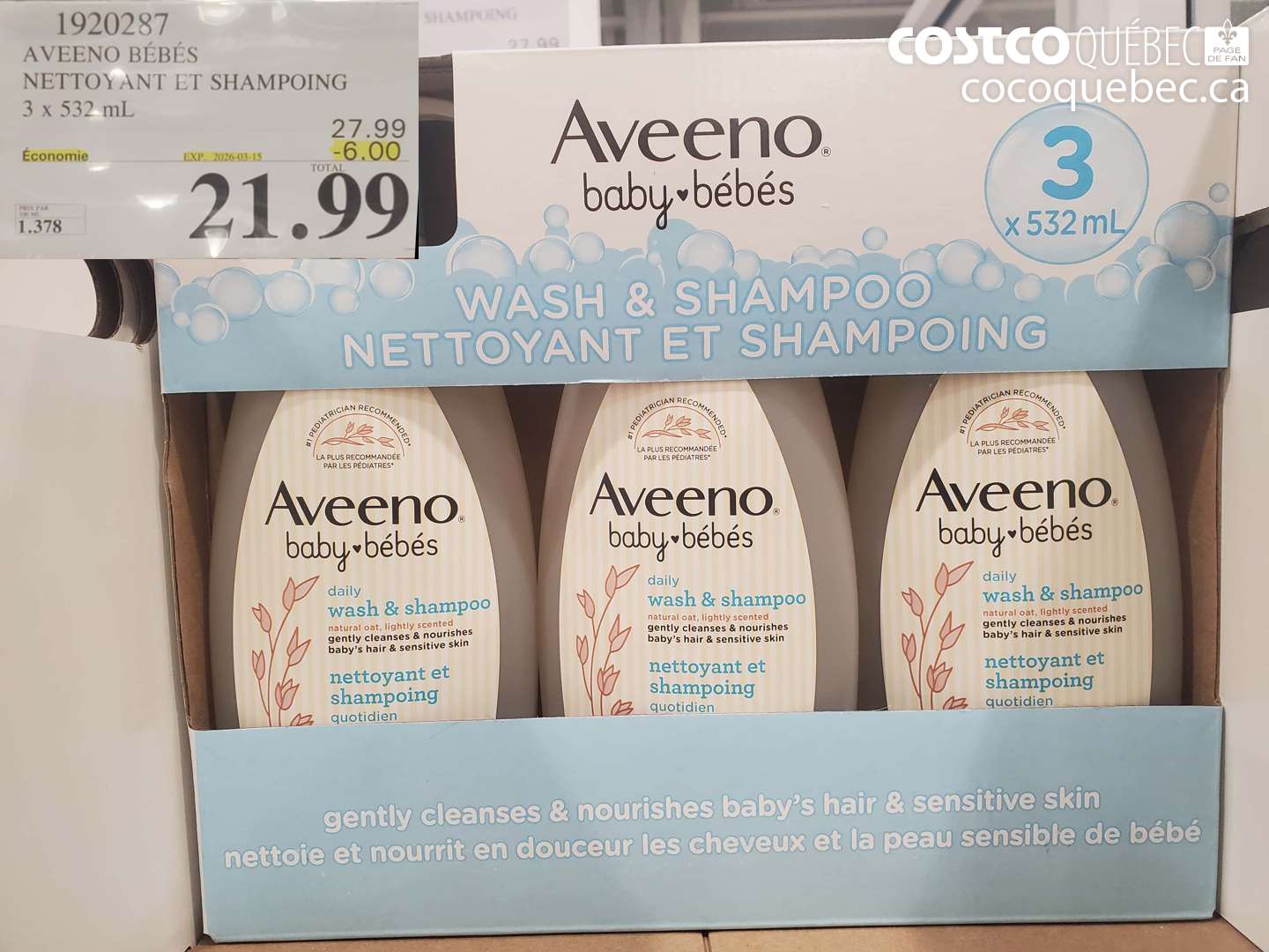 1920287 AVEENO BÉBÉS NETTOYANT ET SHAMPOING 3 X 532 ML ($6.00 INSTANT SAVINGS EXPIRES ON 2026-03-15) $21.99