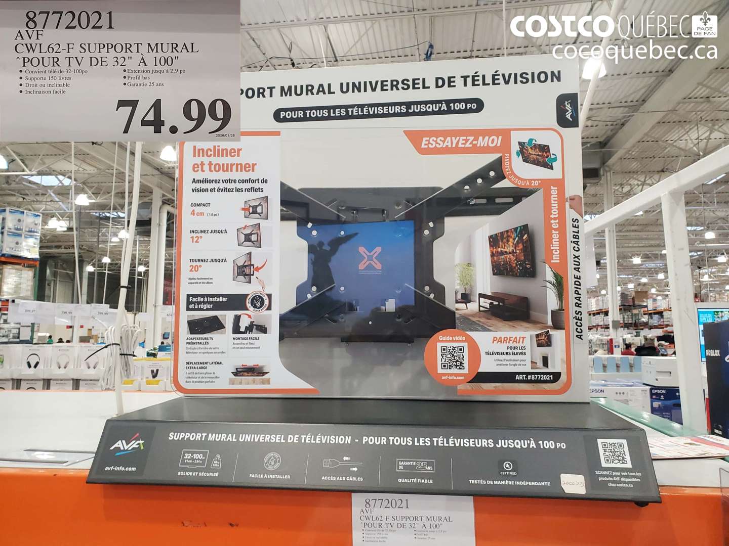 8772021 AVF CWL62-F SUPPORT MURAL POUR TV DE 32 A 100 $74.99