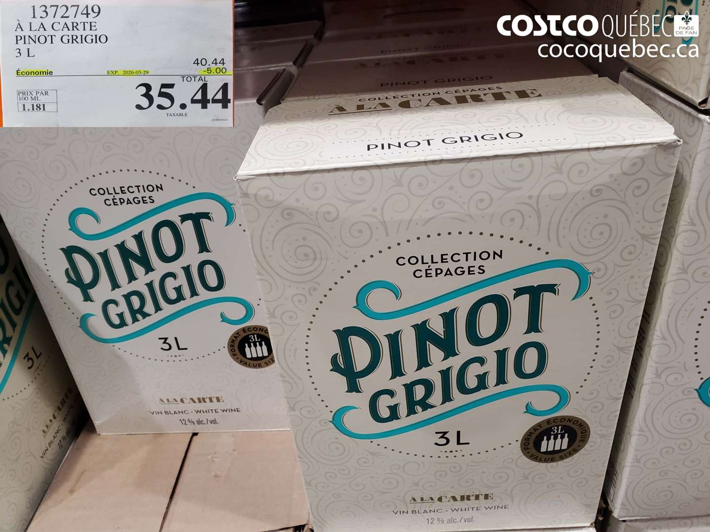 1372749 À LA CARTE PINOT GRIGIO 3 L ($5.00 INSTANT SAVINGS EXPIRES ON 2026-03-29) $35.44