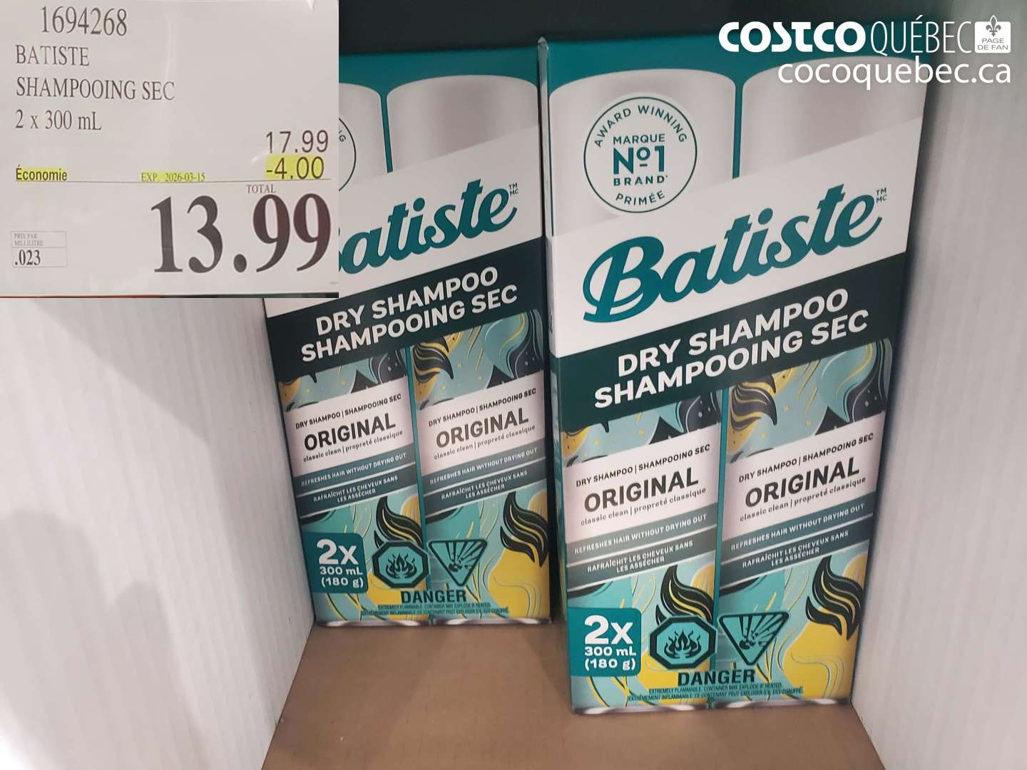 1694268 BATISTE SHAMPOOING SEC 2 X 300 ML ($4.00 INSTANT SAVINGS EXPIRES ON 2026-03-15) $13.99