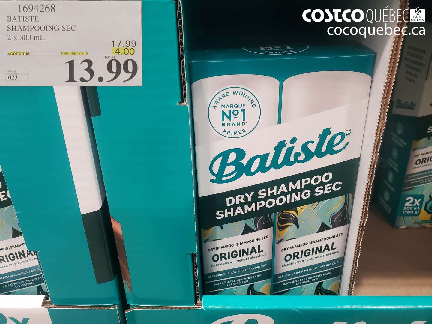 1694268 BATISTE SHAMPOOING SEC 2 X 300 ML ($4.00 INSTANT SAVINGS EXPIRES ON 2026-03-15) $13.99