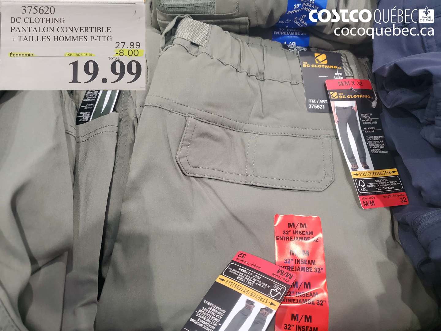 375620 BC CLOTHING PANTALON CONVERTIBLE +TAILLES HOMMES P-PTG ($8.00 INSTANT SAVINGS EXPIRES ON 2026-03-15) $19.99