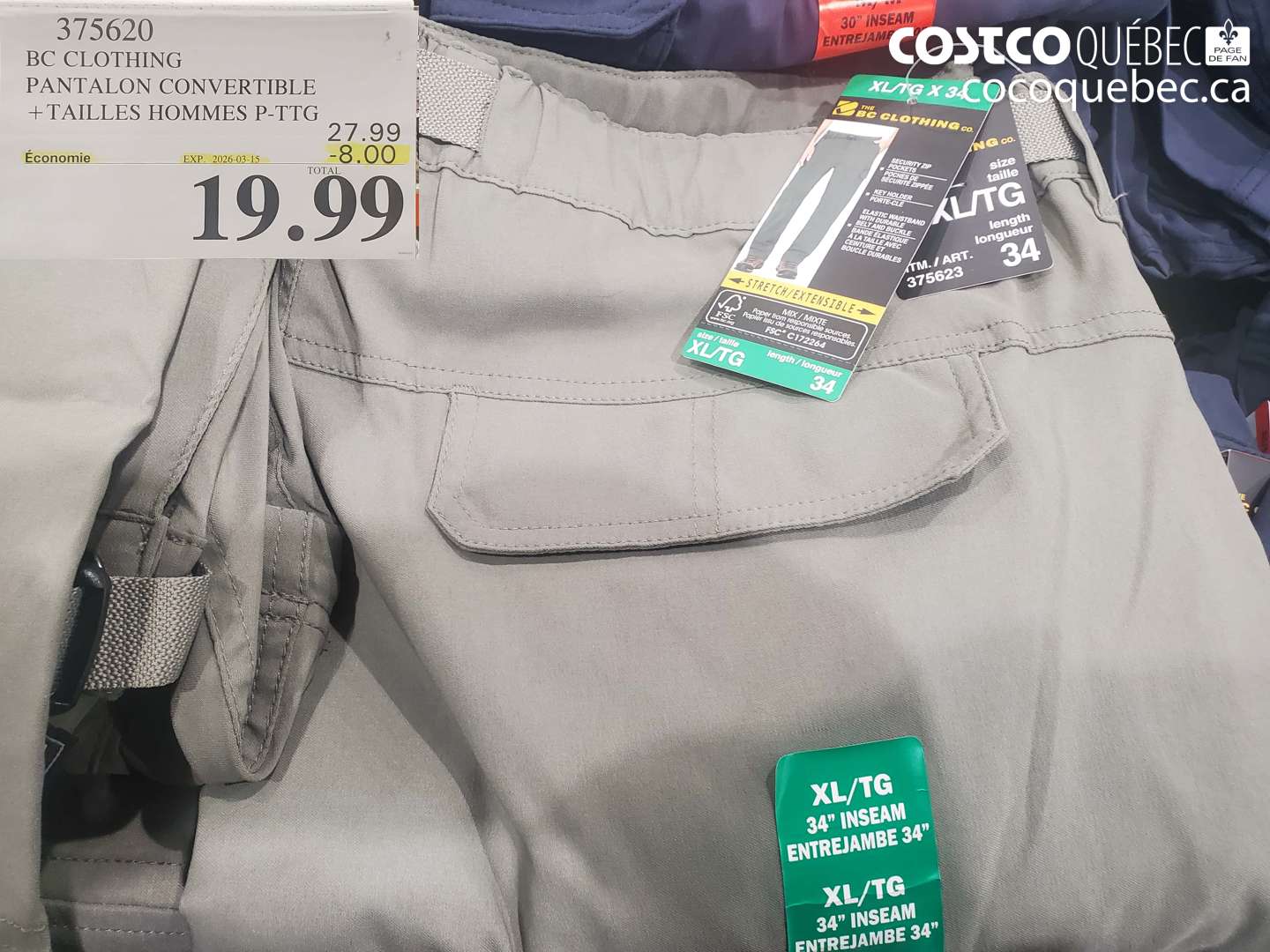 375620 BC CLOTHING PANTALON CONVERTIBLE +TAILLES HOMMES P-TTG ($8.00 INSTANT SAVINGS EXPIRES ON 2026-03-15) $19.99