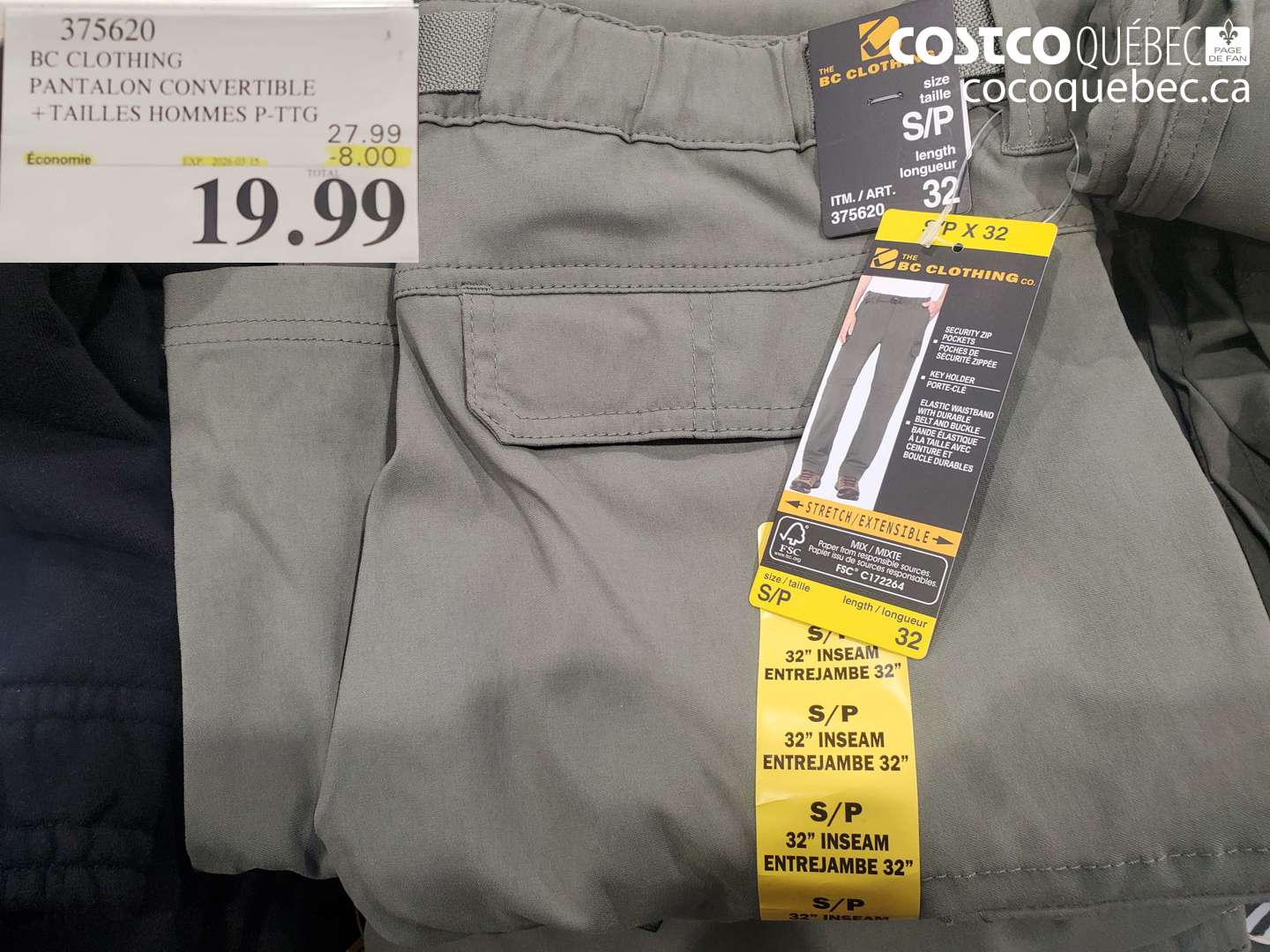375620 BC CLOTHING PANTALON CONVERTIBLE + TAILLES HOMMES P-TTG ($8.00 INSTANT SAVINGS EXPIRES ON 2026-03-15) $19.99
