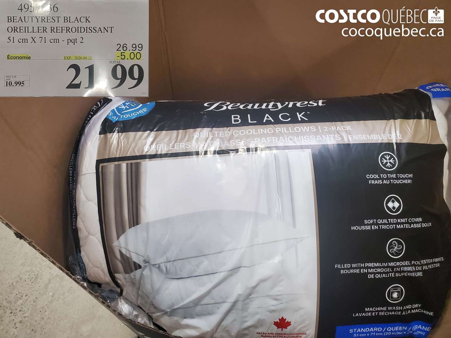 4937636 BEAUTYREST BLACK OREILLER REFROIDISSANT 51 CM X 71 CM - PQT 2 ($5.00 INSTANT SAVINGS EXPIRES ON 2026-04-12) $21.99