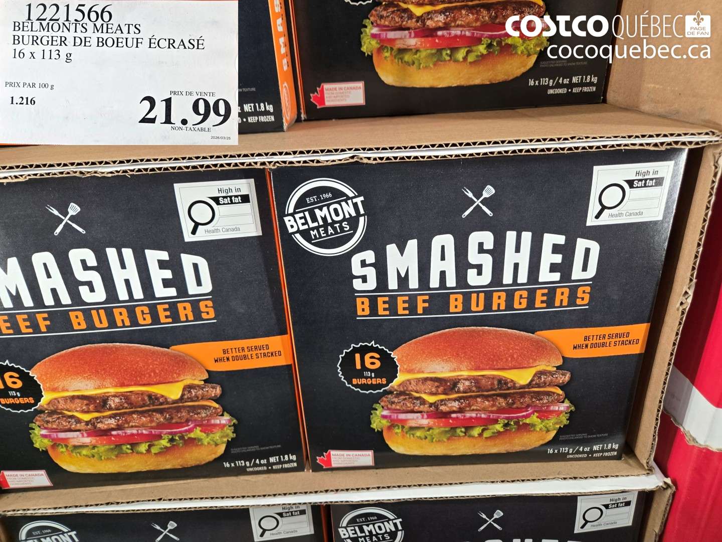 1221566 BELMONTS MEATS BURGER DE BOEUF ÉCRASÉ 16 X 113 G $21.99