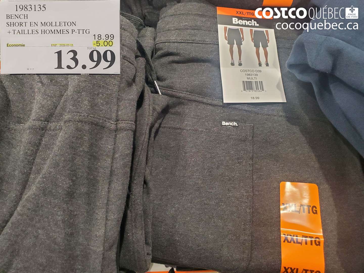 1983135 BENCH SHORT EN MOLLETON +TAILLES HOMMES P-PTG ($5.00 INSTANT SAVINGS EXPIRES ON 2026-03-15) $13.99