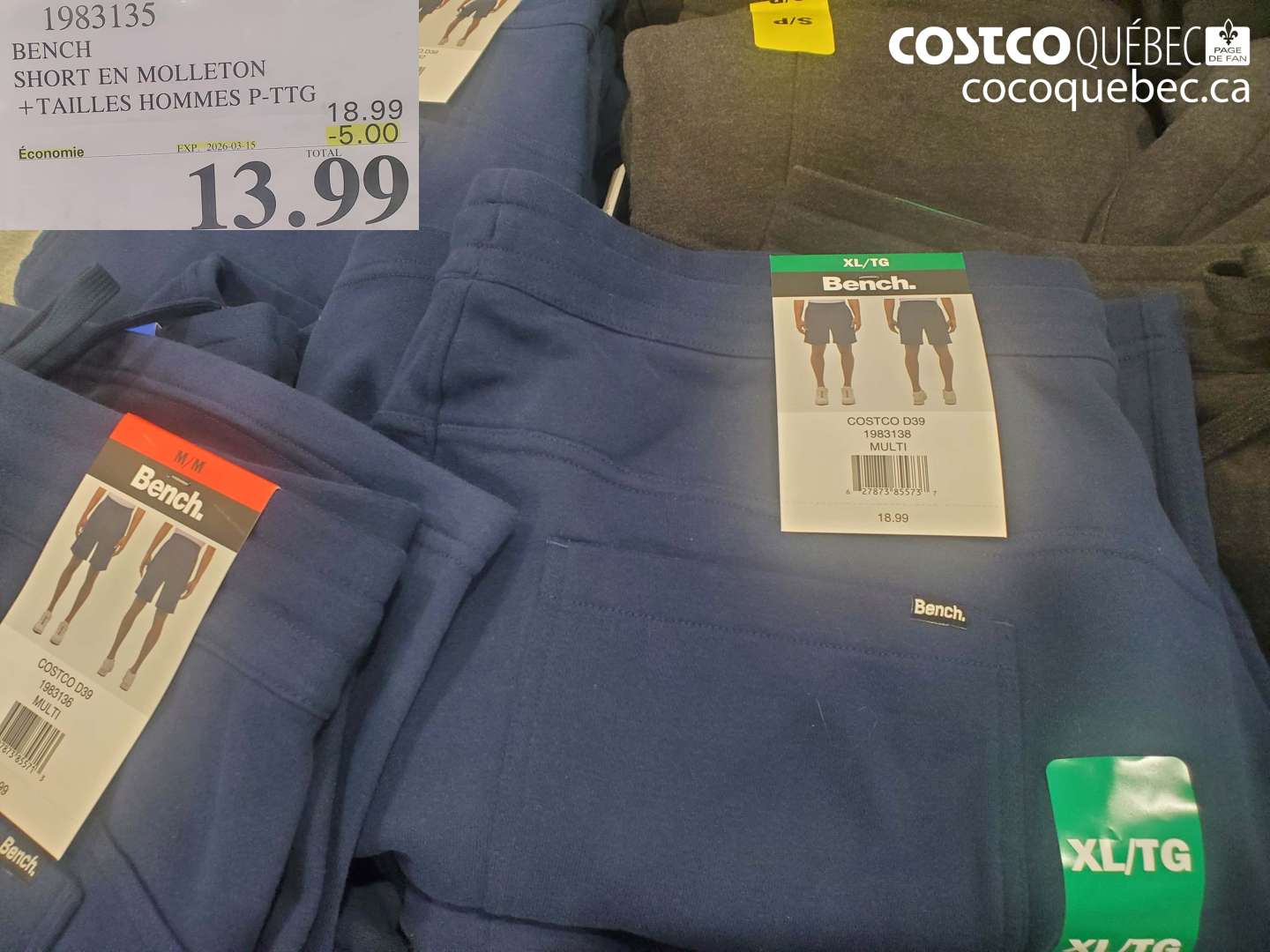 1983135 BENCH SHORT EN MOLLETON + TAILLES HOMMES P-PTG ($5.00 INSTANT SAVINGS EXPIRES ON 2026-03-15) $13.99