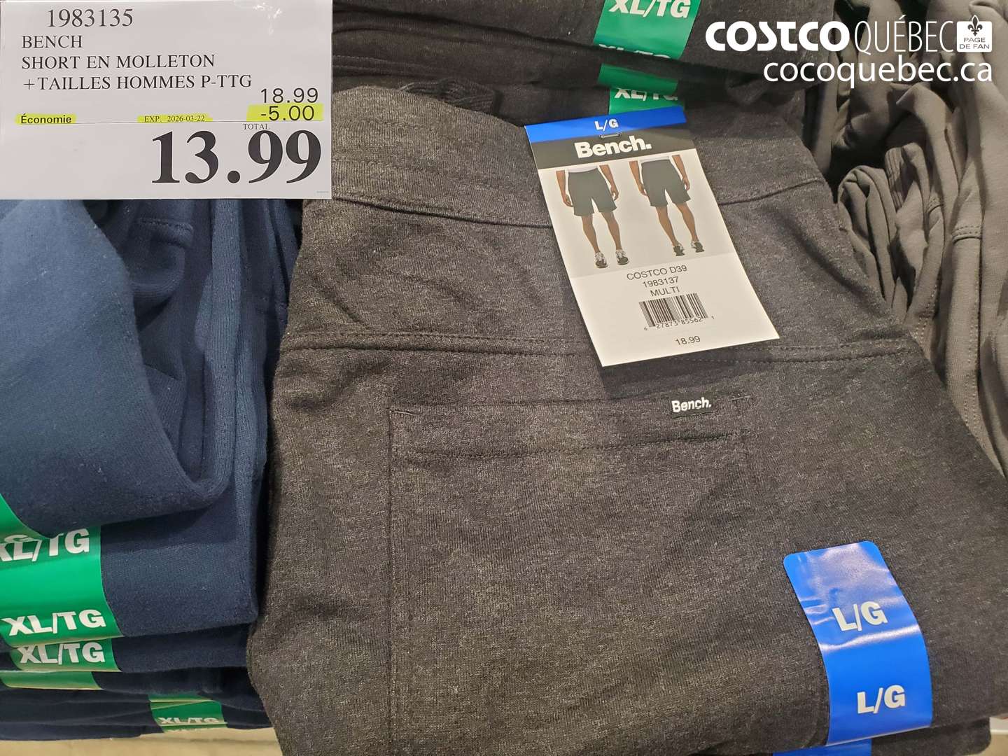 1983135 BENCH SHORT EN MOLLETON + TAILLES HOMMES P-PTG ($5.00 INSTANT SAVINGS EXPIRES ON 2026-03-22) $13.99