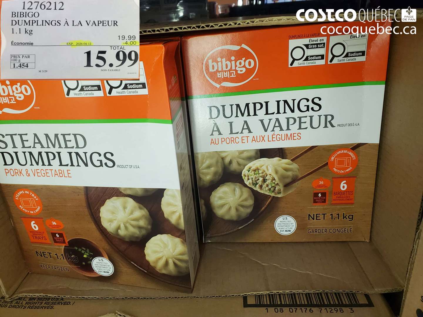 1276212 BIBIGO DUMPLINGS À LA VAPEUR 1.1 KG ($4.00 INSTANT SAVINGS EXPIRES ON 2026-04-12) $15.99