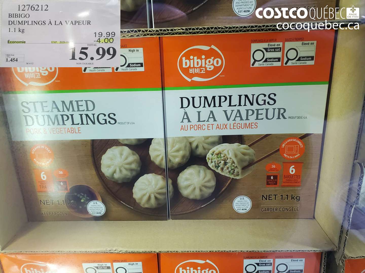 1276212 BIBIGO DUMPLINGS À LA VAPEUR 1.1 KG ($4.00 INSTANT SAVINGS EXPIRES ON 2026-04-12) $15.99