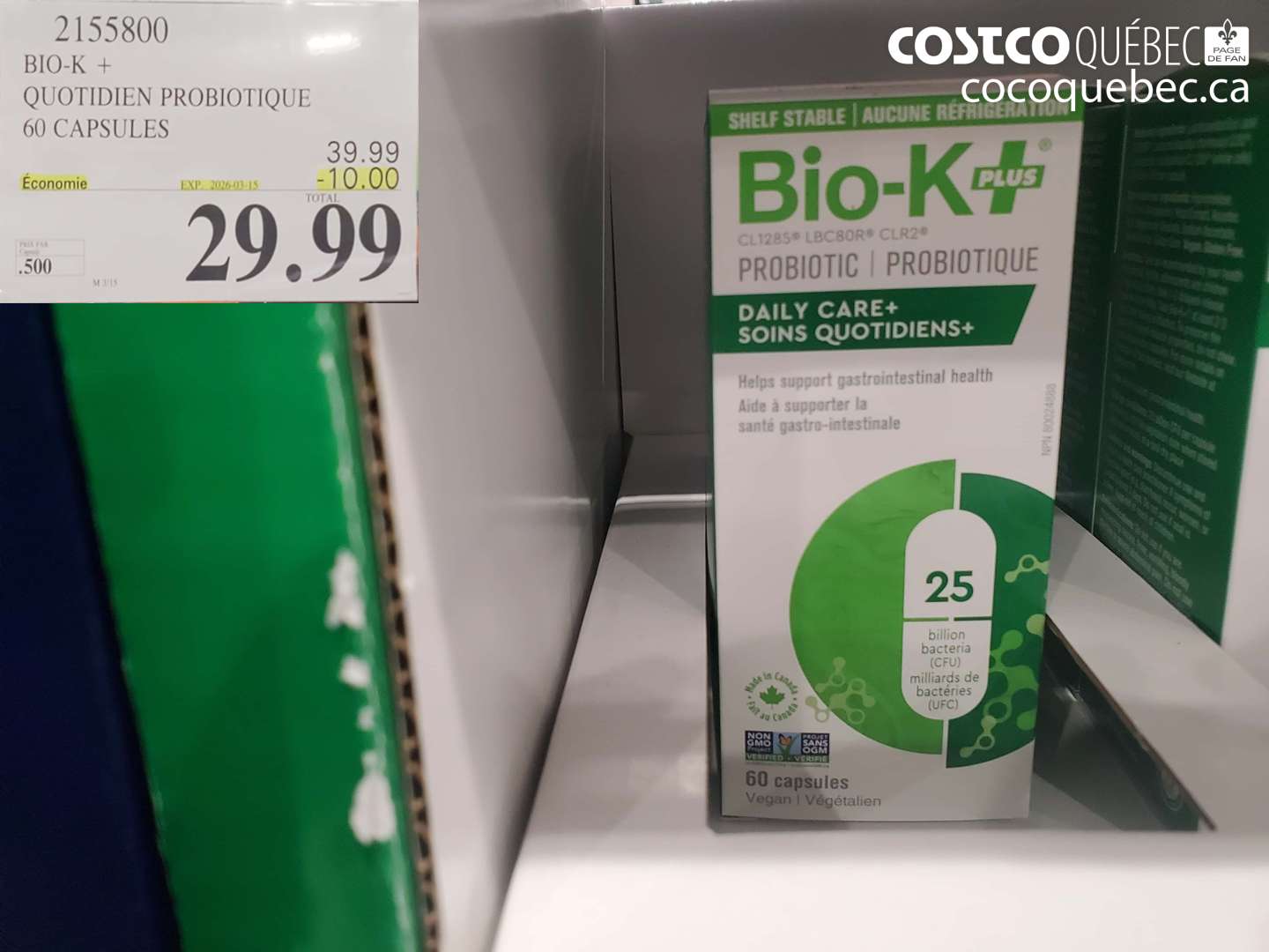 2155800 BIO-K + QUOTIDIEN PROBIOTIQUE 60 CAPSULES ($10.00 INSTANT SAVINGS EXPIRES ON 2026-03-15) $29.99