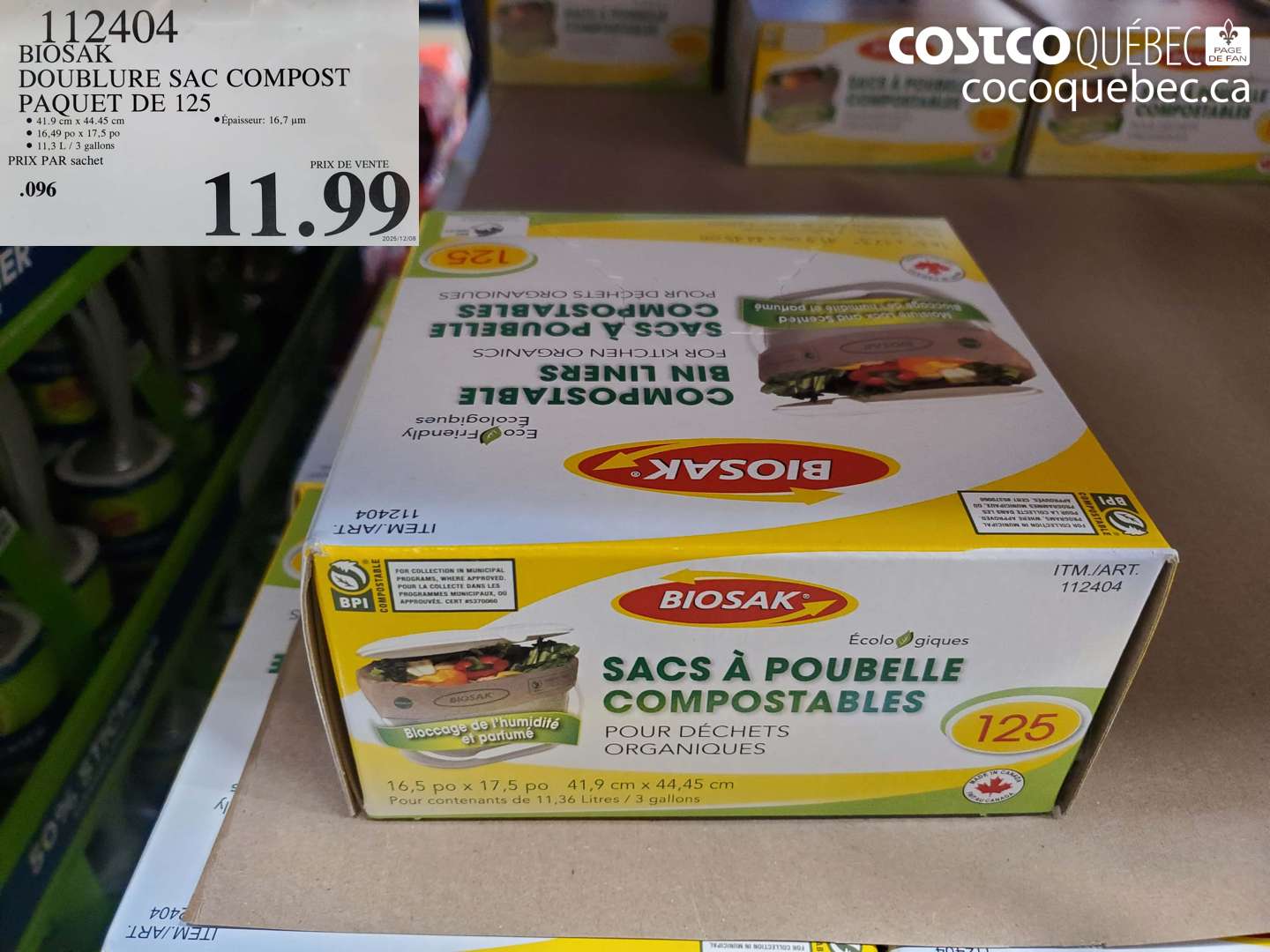 112404 BIOSAK DOUBLURE SAC COMPOST PAQUET DE 125 $11.99