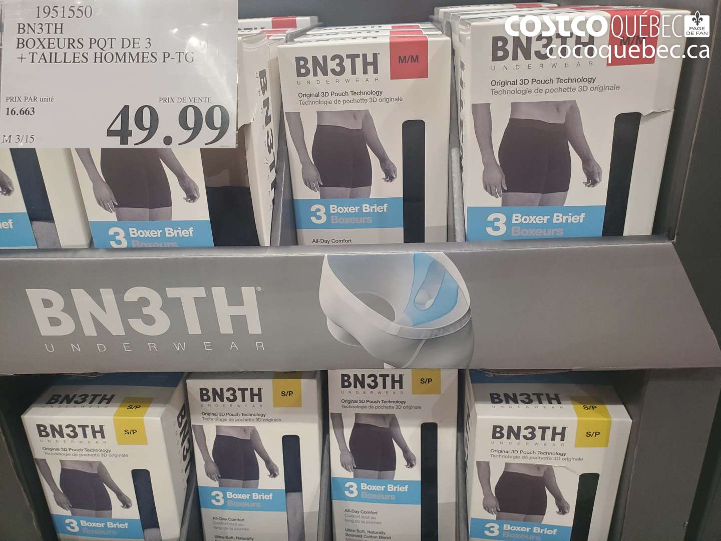 1951550 BN3TH BOXEURS PACK DE 3 + TAILLES HOMMES P-TG $49.99