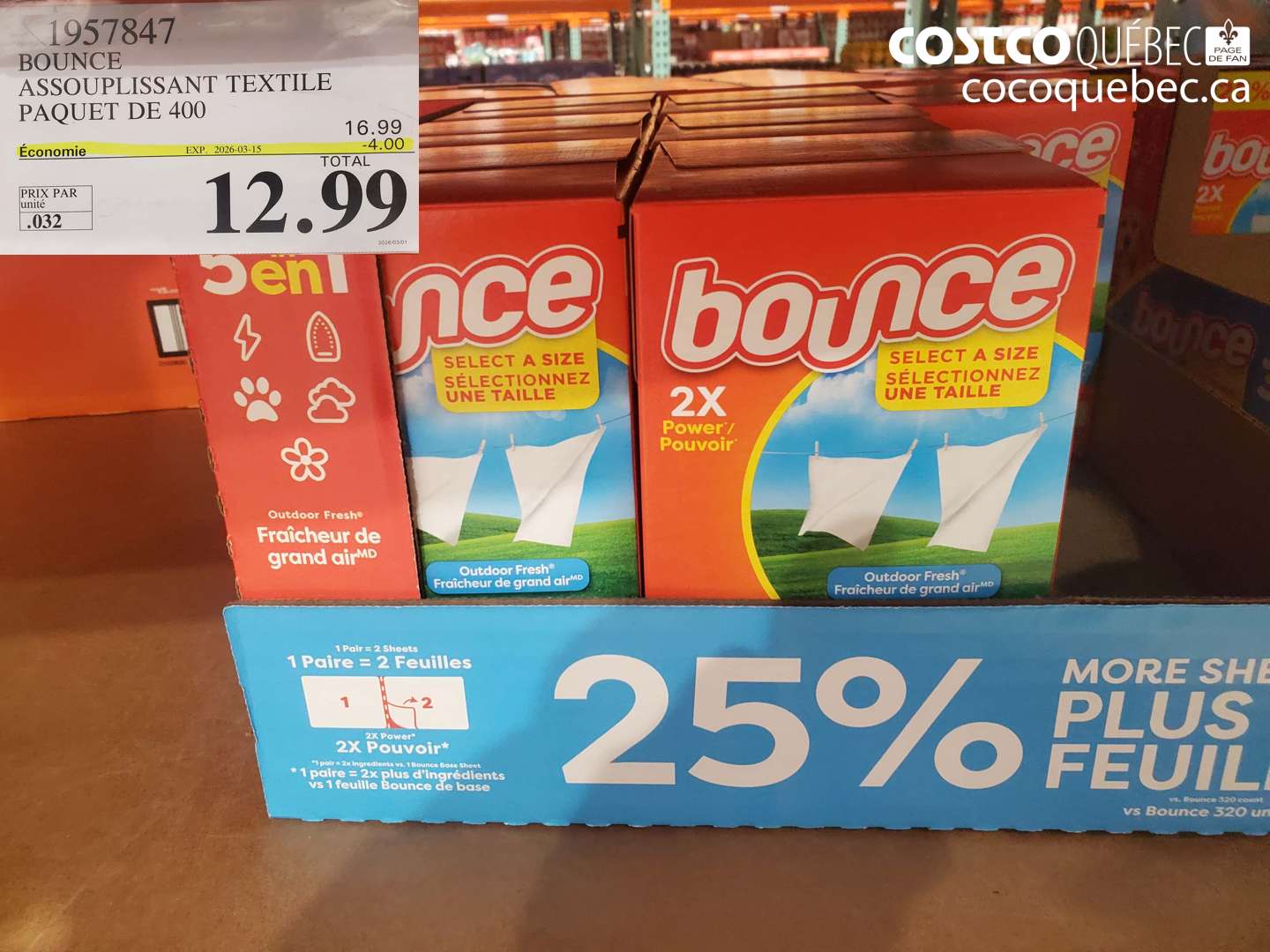 1957847 BOUNCE ASSOUPLISSANT TEXTILE PAQUET DE 400 ($4.00 INSTANT SAVINGS EXPIRES ON 2026-03-15) $12.99