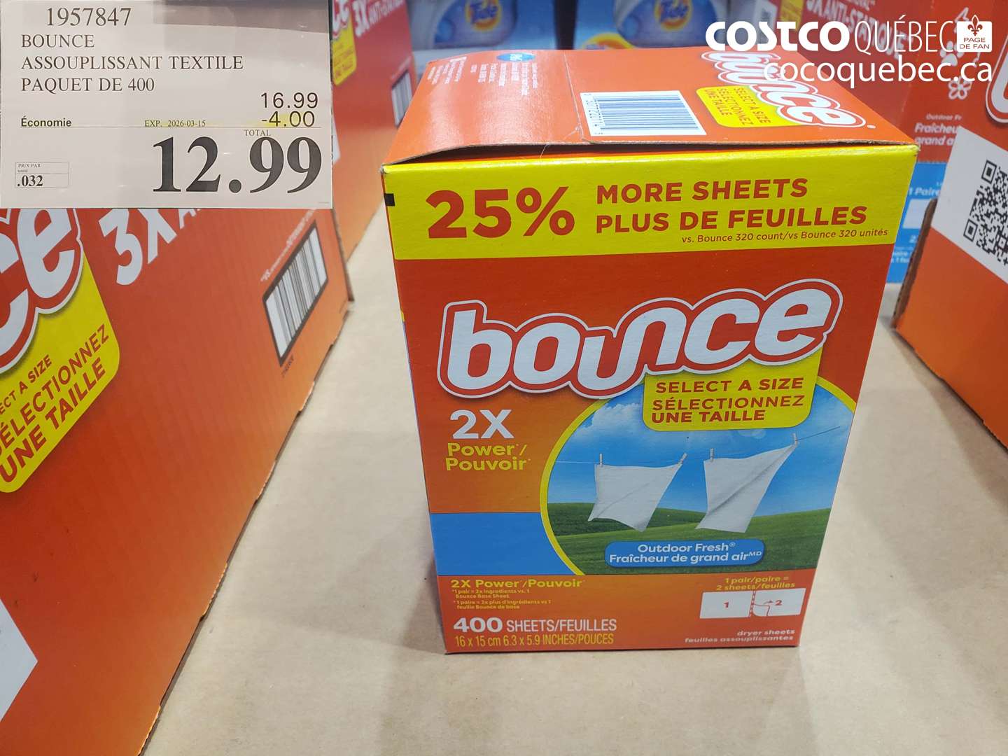 1957847 BOUNCE ASSOUPLISSANT TEXTILE PAQUET DE 400 ($4.00 INSTANT SAVINGS EXPIRES ON 2026-03-15) $12.99