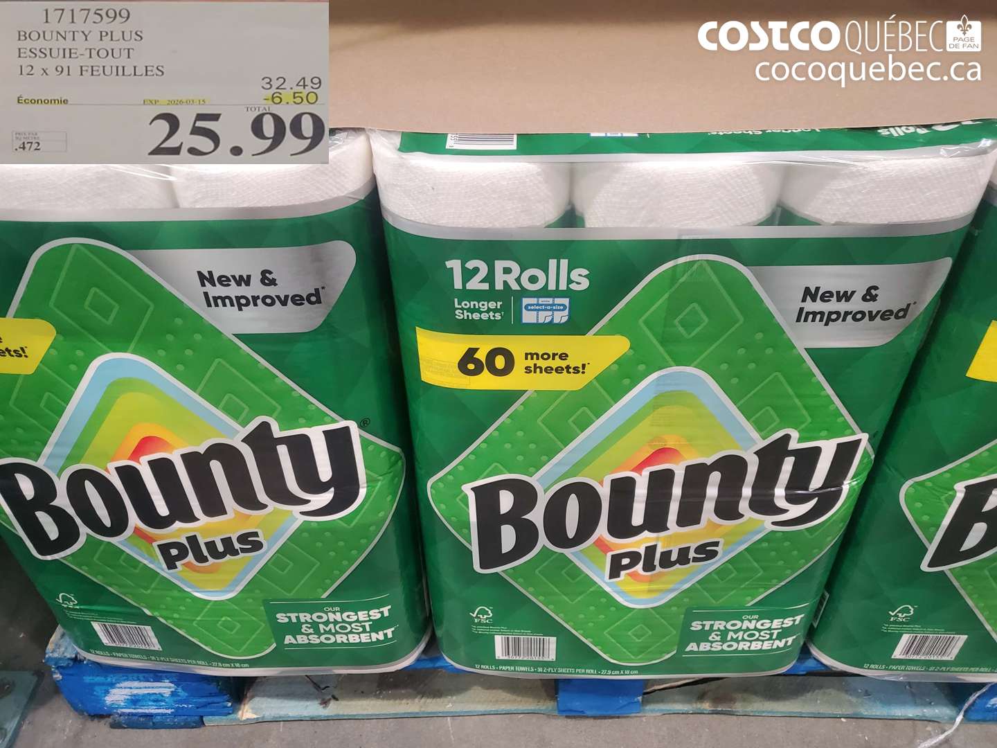 1717599 BOUNTY PLUS ESSUIE-TOUT 12 X 91 FEUILLES ($6.50 INSTANT SAVINGS EXPIRES ON 2026-03-15) $25.99