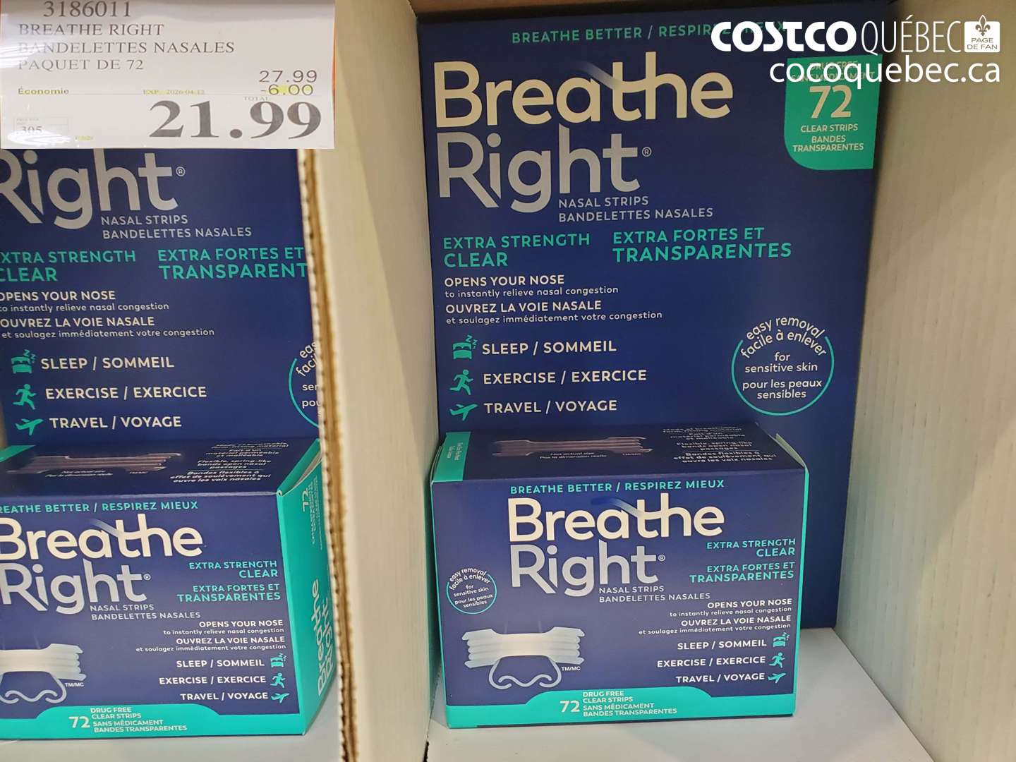 3186011 BREATHE RIGHT BANDELETTES NASALES PAQUET DE 72 ($6.00 INSTANT SAVINGS EXPIRES ON 2026-04-12) $21.99