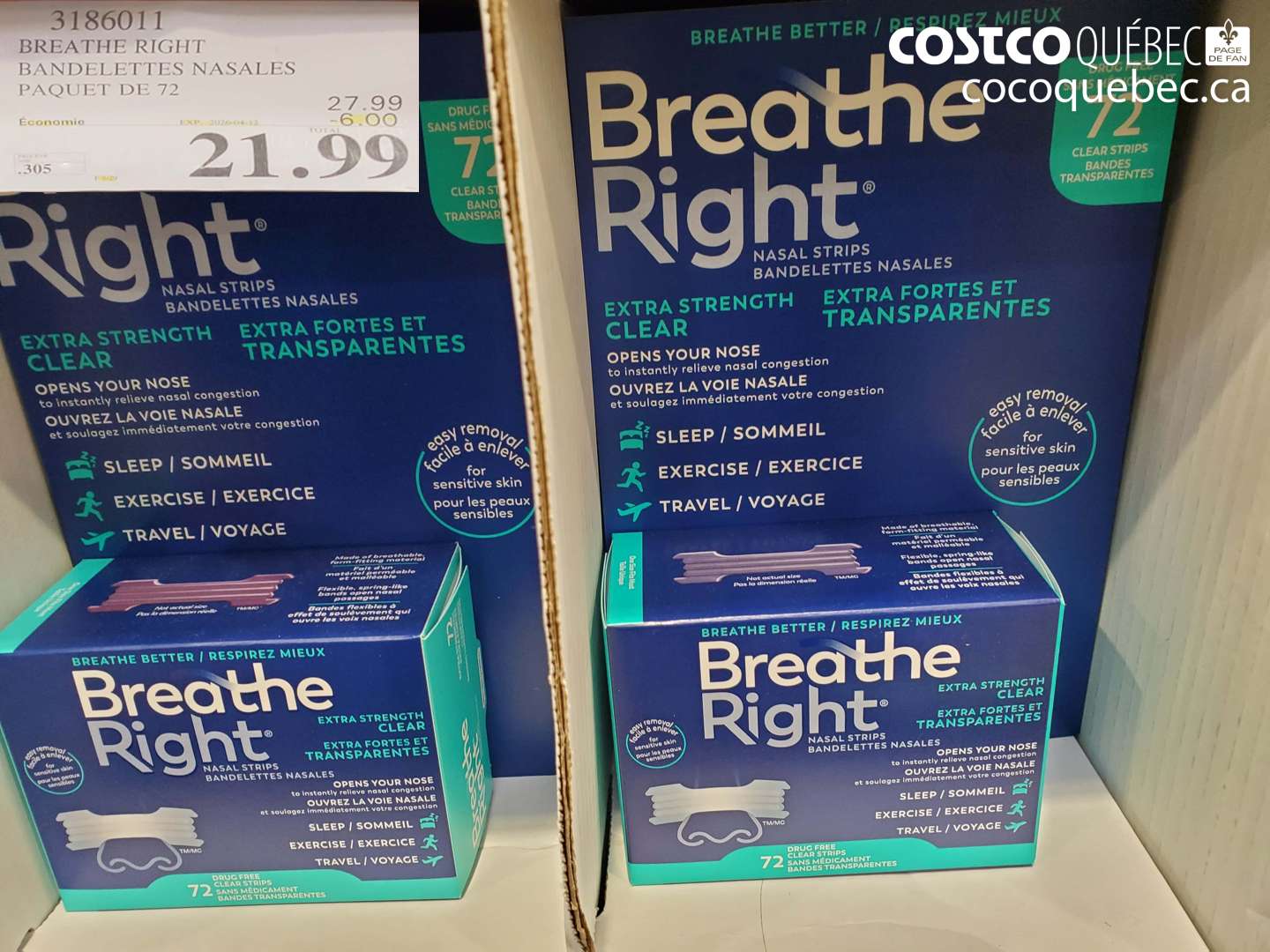 3186011 BREATHE RIGHT BANDELETTES NASALES PAQUET DE 72 ($6.00 INSTANT SAVINGS EXPIRES ON 2026-04-12) $21.99