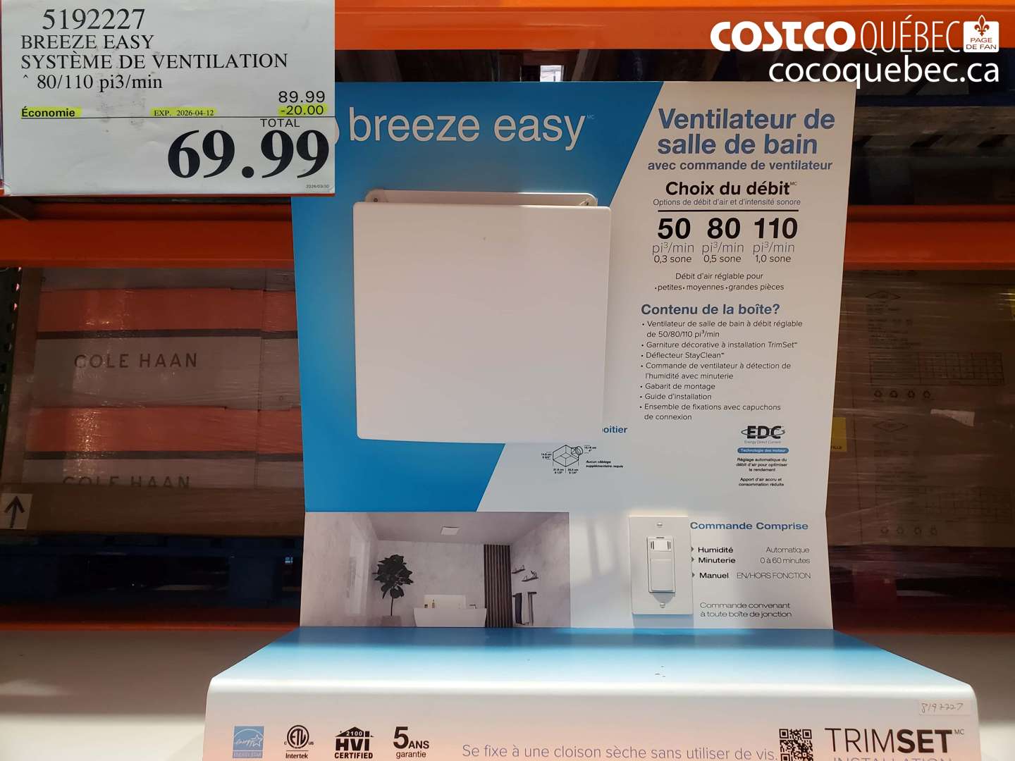 5192227 BREEZE EASY SYSTÈME DE VENTILATION 80/110 PI3/MIN ($20.00 INSTANT SAVINGS EXPIRES ON 2026-04-12) $69.99
