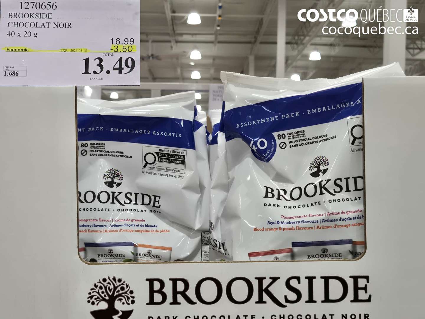 1270656 BROOKSIDE CHOCOLAT NOIR 40 X 20 G ($3.50 INSTANT SAVINGS EXPIRES ON 2026-03-15) $13.49