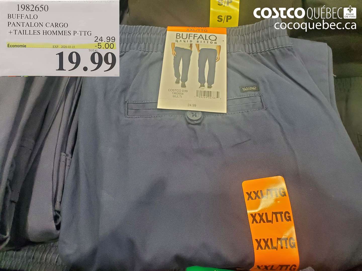1982650 BUFFALO PANTALON CARGO +TAILLES HOMMES P-PTG ($5.00 INSTANT SAVINGS EXPIRES ON 2026-03-15) $19.99