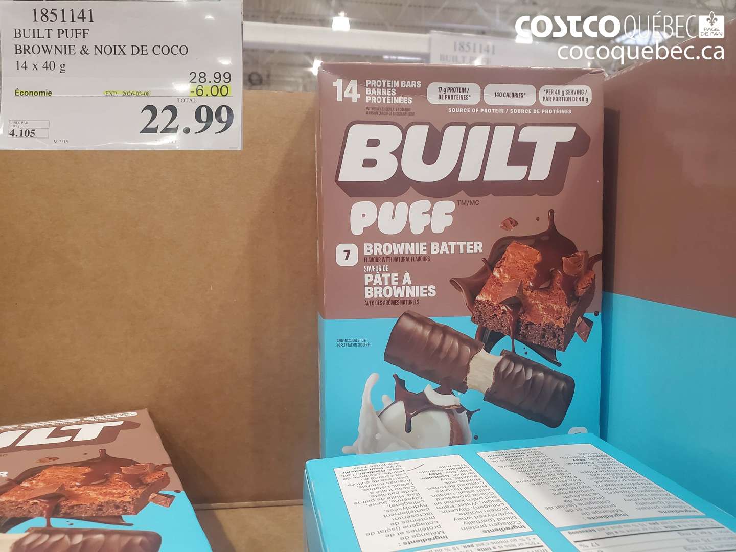 1851141 BUILT PUFF BROWNIE & NOIX DE COCO 14 X 40 G ($6.00 INSTANT SAVINGS EXPIRES ON 2026-03-08) $22.99