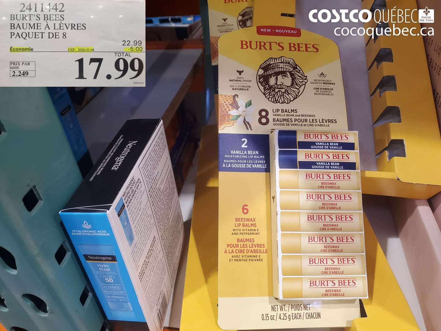 2411442 BURT'S BEES BAUME À LÈVRES PAQUET DE 8 ($5.00 INSTANT SAVINGS EXPIRES ON 2026-03-08) $17.99