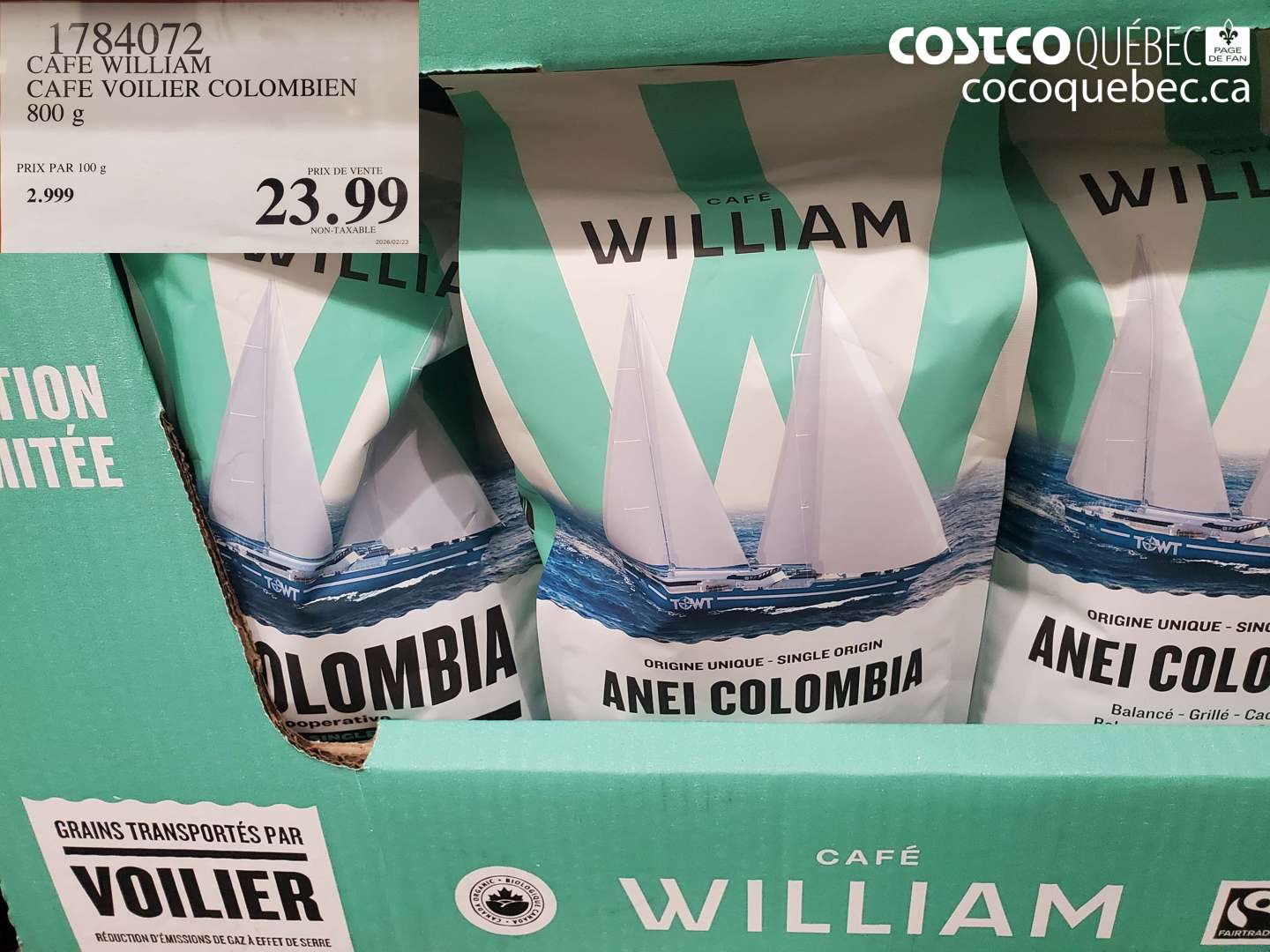 1784072 CAFE WILLIAM CAFE VOILIER COLOMBIEN 800 G $23.99