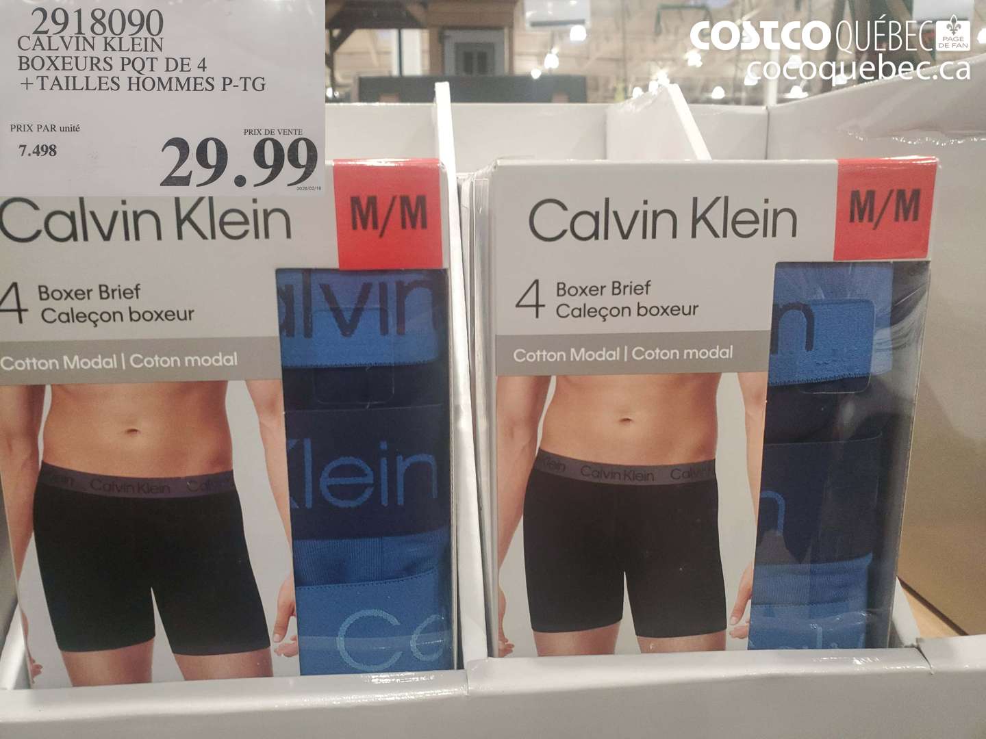 2918090 CALVIN KLEIN BOXEURS PQT DE 4 + TAILLES HOMMES P-TG $29.99