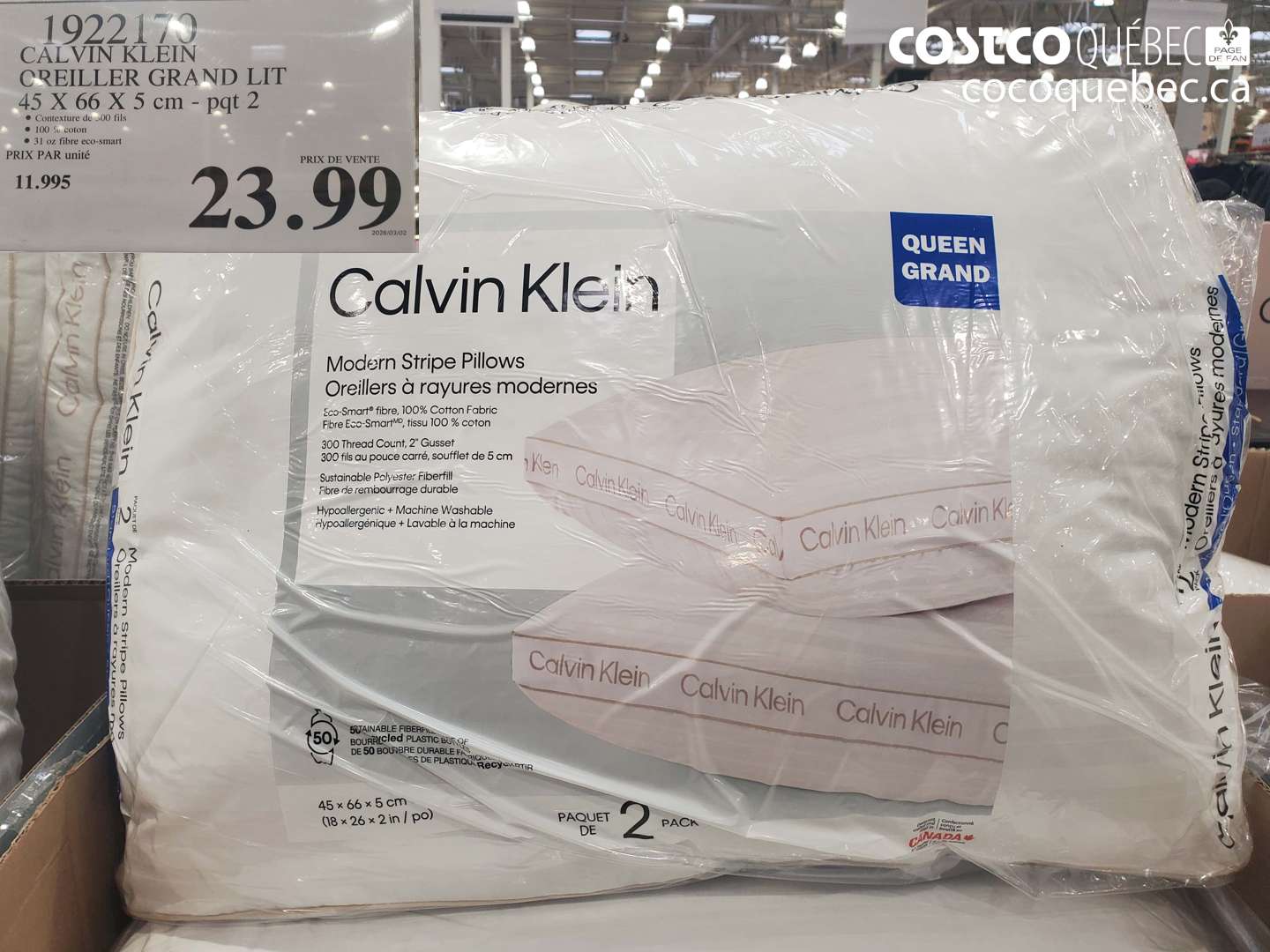 1922170 CALVIN KLEIN OREILLER GRAND LIT 45 X 66 X 5 CM - PQT 2 $23.99