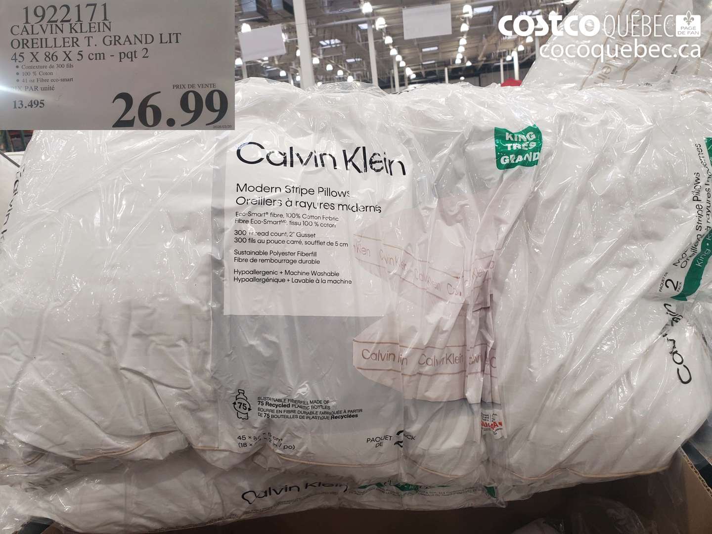 1922171 CALVIN KLEIN OREILLER T GRAND LIT 45 X 86 X 5 CM - PQT 2 $26.99