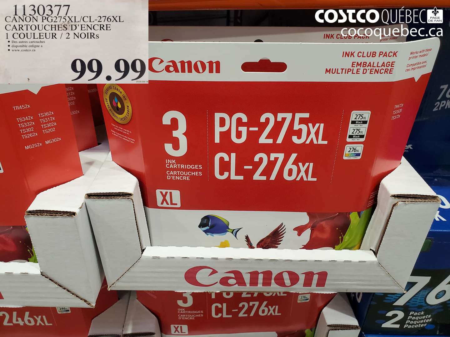 1130377 CANON PG275XL/CL-276XL CARTOUCHES D'ENCRE 1 COULEUR / 2 NOIRS $99.99