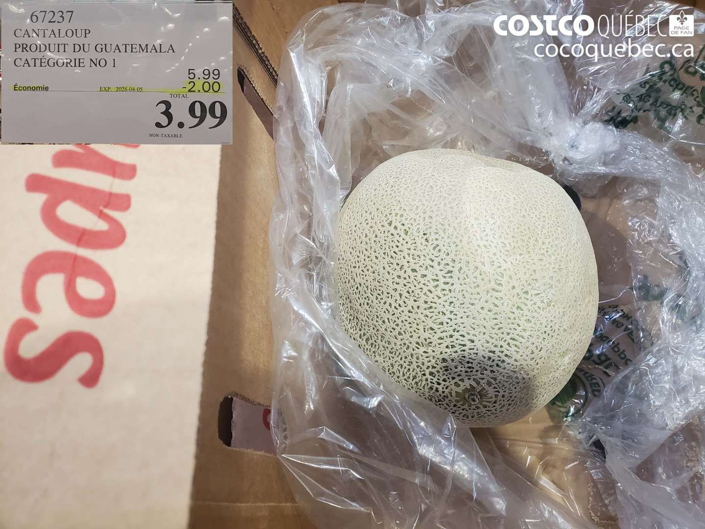 67237 CANTALOUPE PRODUIT DU GUATEMALA CATEGORIE NO 1 ($2.00 INSTANT SAVINGS EXPIRES ON 2026-04-05) $3.99