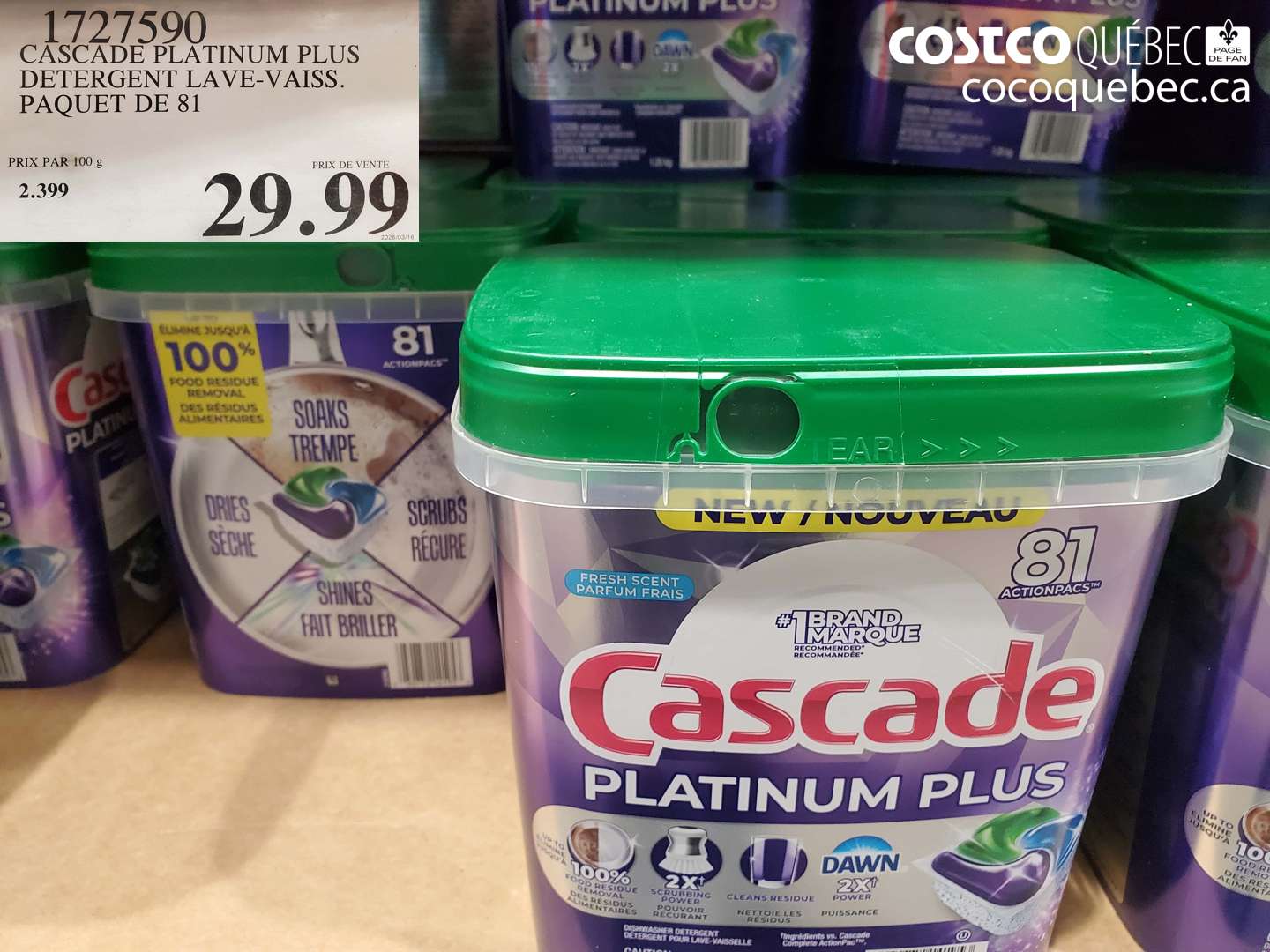 1727590 CASCADE PLATINUM PLUS DETERGENT LAVE-VAISS. PAQUET DE 81 $29.99