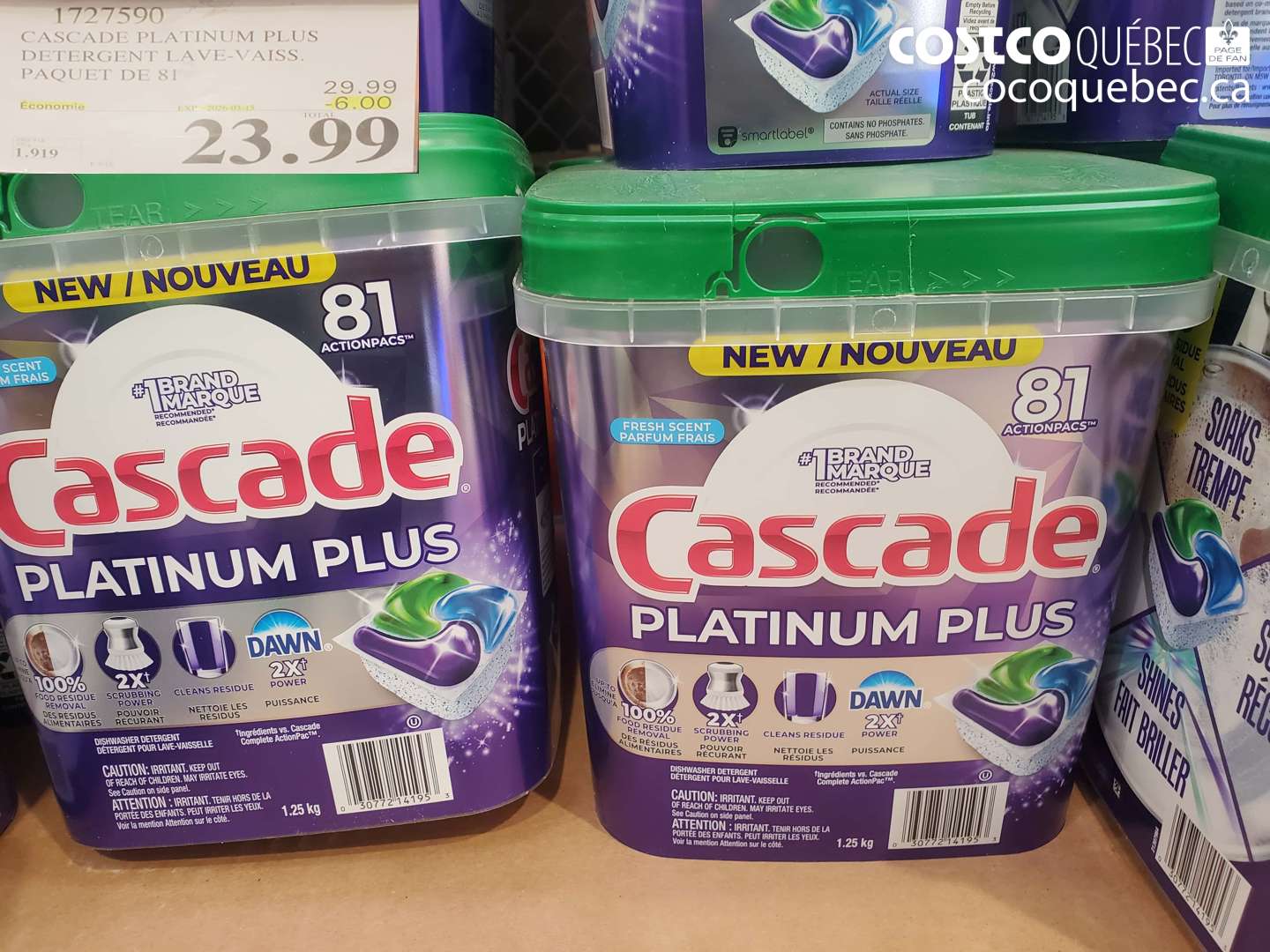 1727590 CASCADE PLATINUM PLUS DETERGENT PAQUET DE 81 ($6.00 INSTANT SAVINGS EXPIRES ON 2026-03-15) $23.99