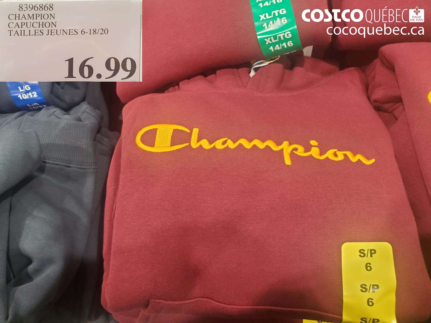 8396868 CHAMPION CAPUCHON TAILLES JEUNES 6-18/20 $16.99