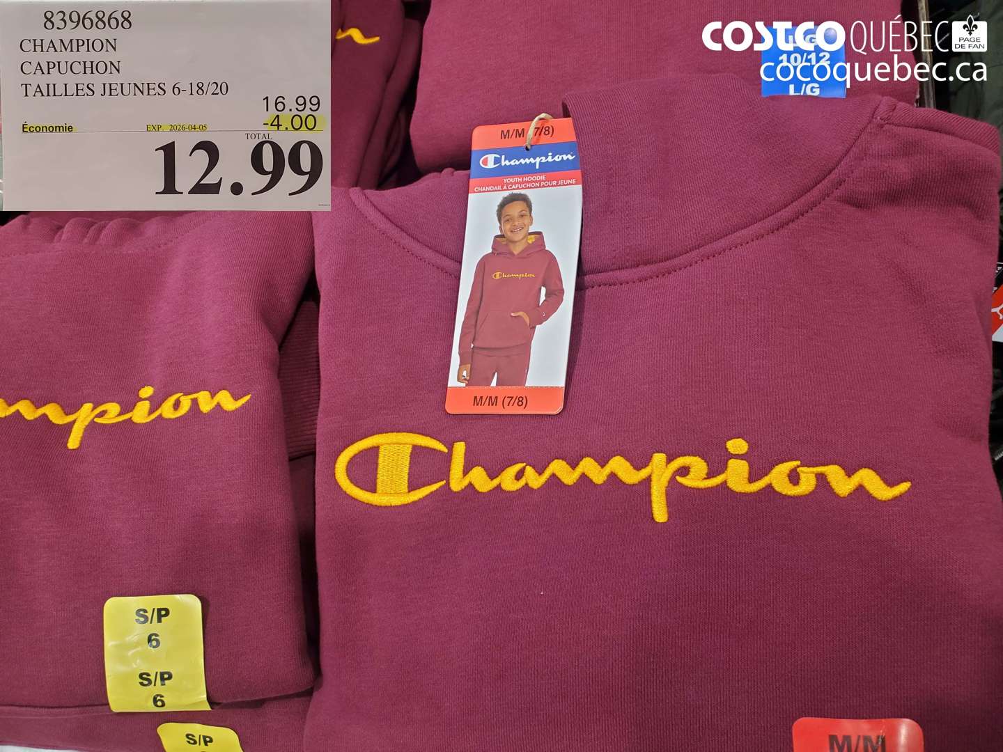 8396868 CHAMPION CAPUCHON TAILLES JEUNES 6-18/20 ($4.00 INSTANT SAVINGS EXPIRES ON 2026-04-05) $12.99