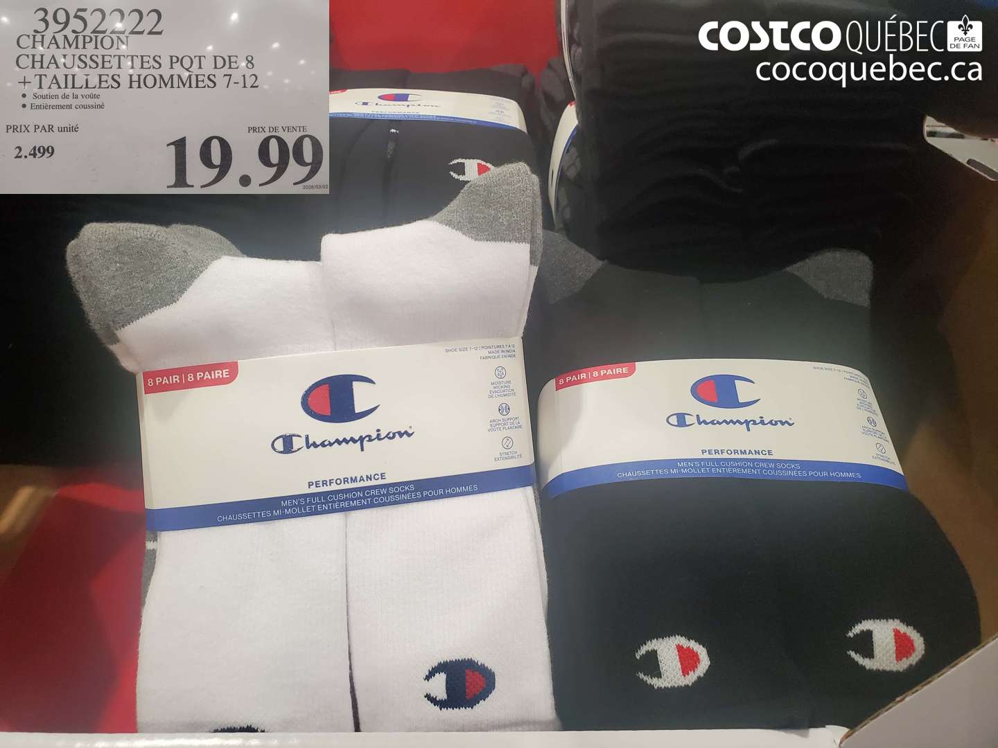 3952222 CHAMPION CHAUSSETTES POT DE 8 TAILLES HOMMES 7-12 $19.99