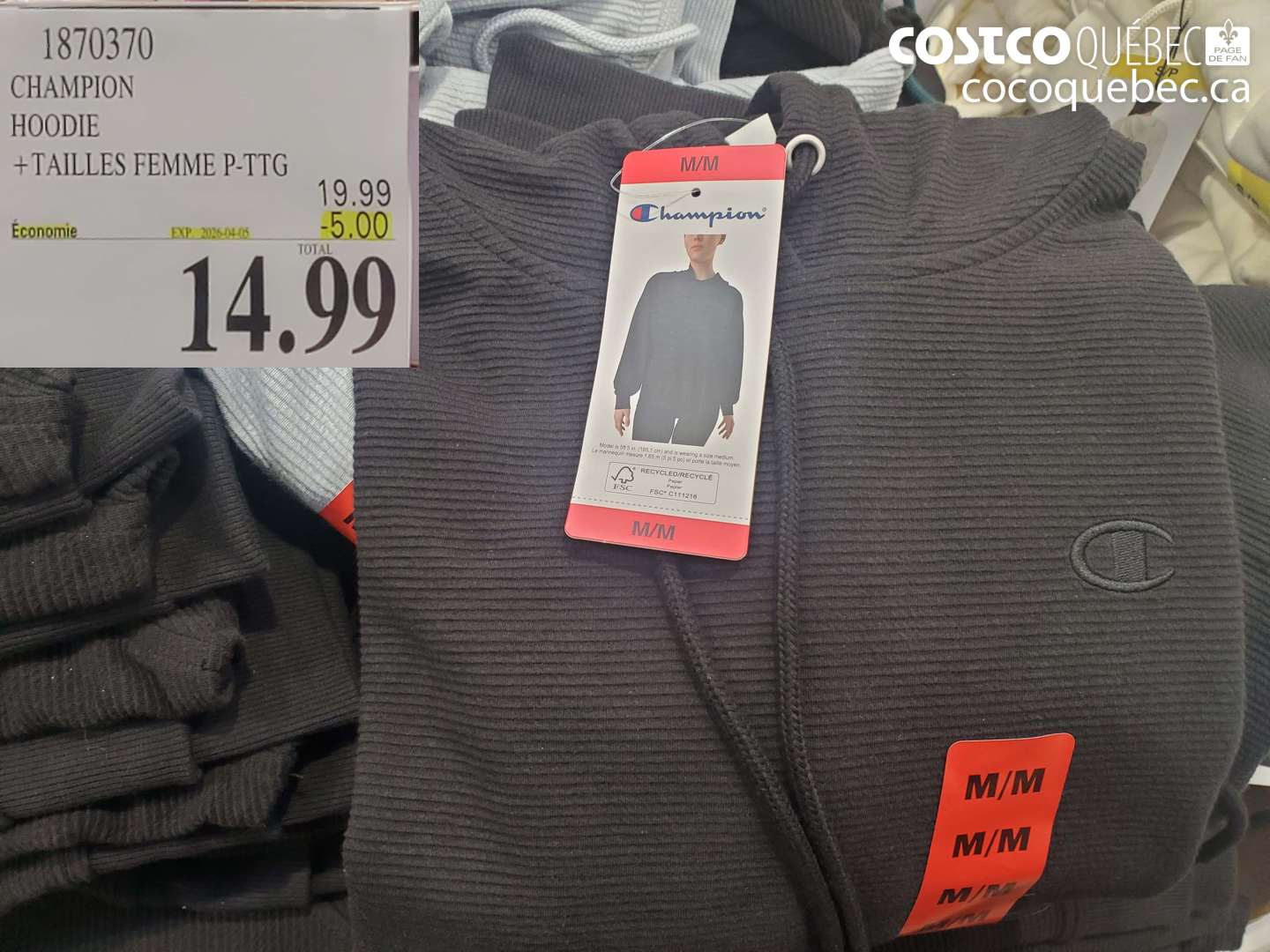 1870370 CHAMPION HOODIE + TAILLES FEMME P-TTG ($5.00 INSTANT SAVINGS EXPIRES ON 2026-04-05) $14.99