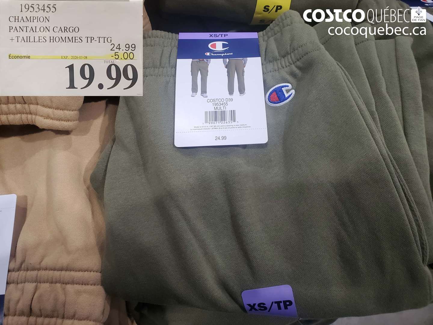1953455 CHAMPION PANTALON CARGO +TAILLES HOMMES TP-TTG ($5.00 INSTANT SAVINGS EXPIRES ON 2026-03-08) $19.99