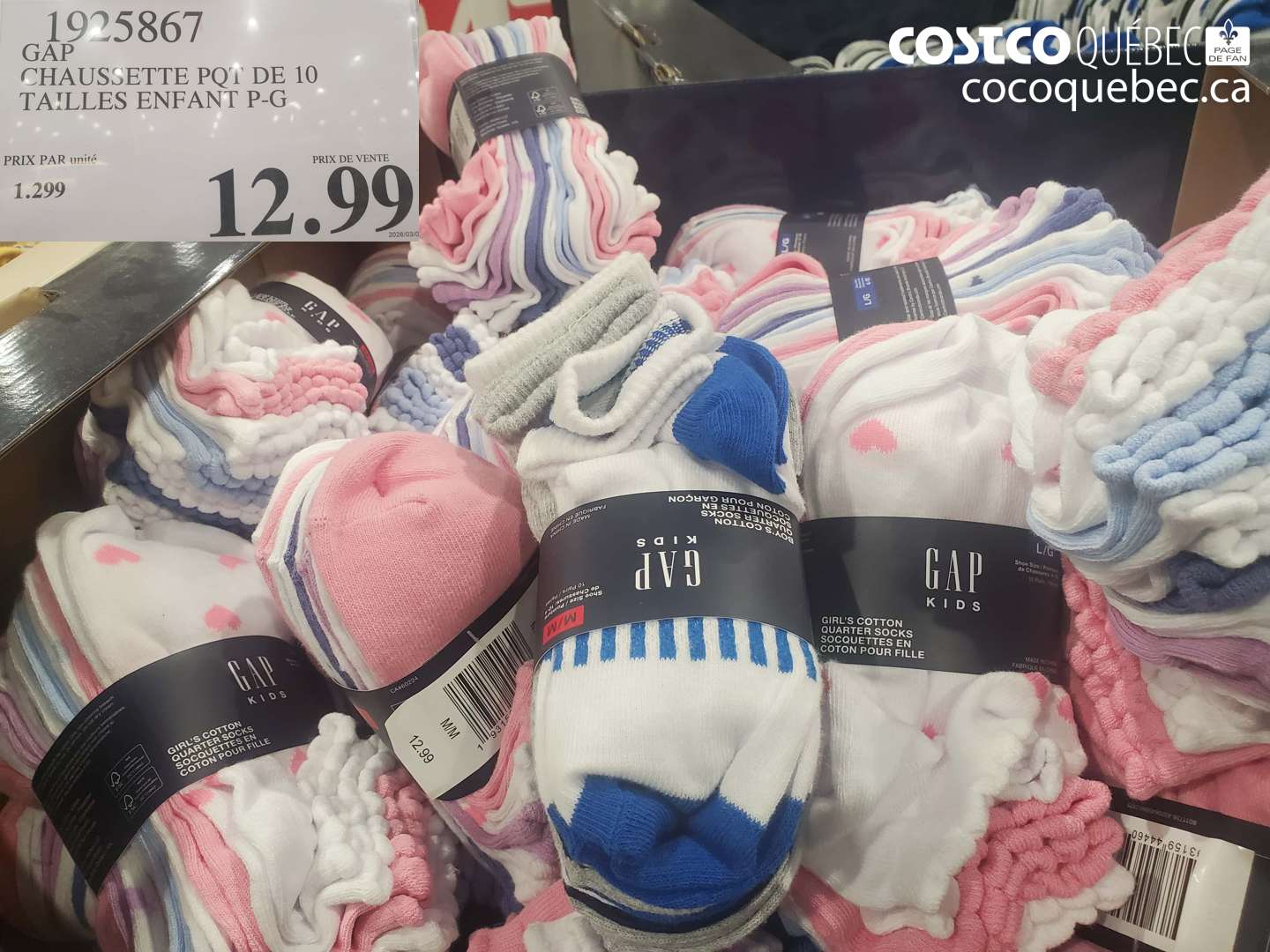 1925867 CHAUSSETTE POT DE 10 TAILLES ENFANT P-G $12.99