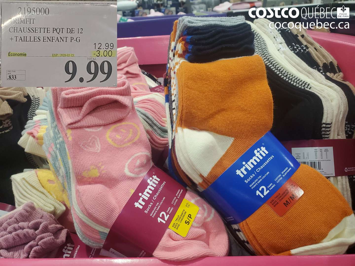 2195000 CHAUSSETTE PQT DE 12 + TAILLES ENFANT P-G ($3.00 INSTANT SAVINGS EXPIRES ON 2026-03-15) $9.99