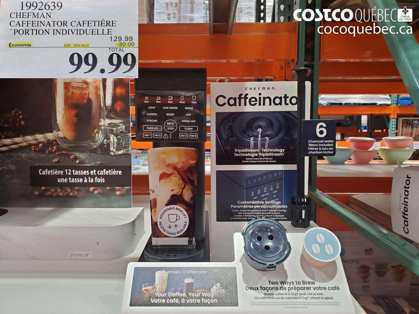 1992639 CHEFMAN CAFFEINATOR CAFETIERE PORTION INDIVIDUELLE ($30.00 INSTANT SAVINGS EXPIRES ON 2026-04-01) $99.99