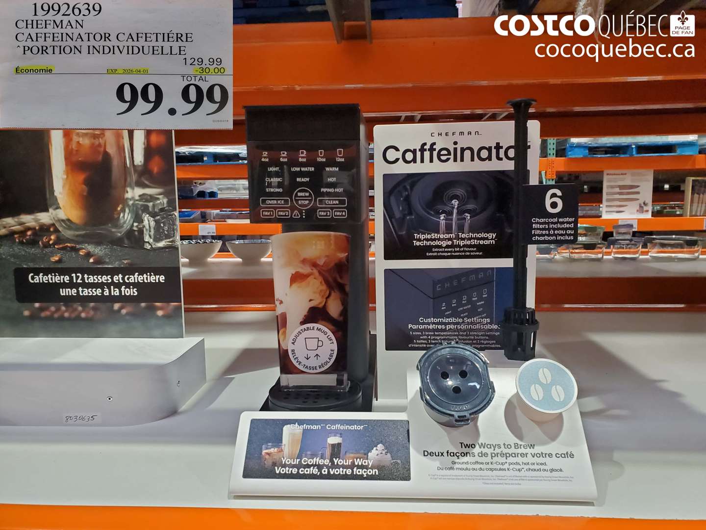 1992639 CHEFMAN CAFFENATOR CAFETIÈRE PORTION INDIVIDUELLE ($30.00 INSTANT SAVINGS EXPIRES ON 2026-04-01) $99.99
