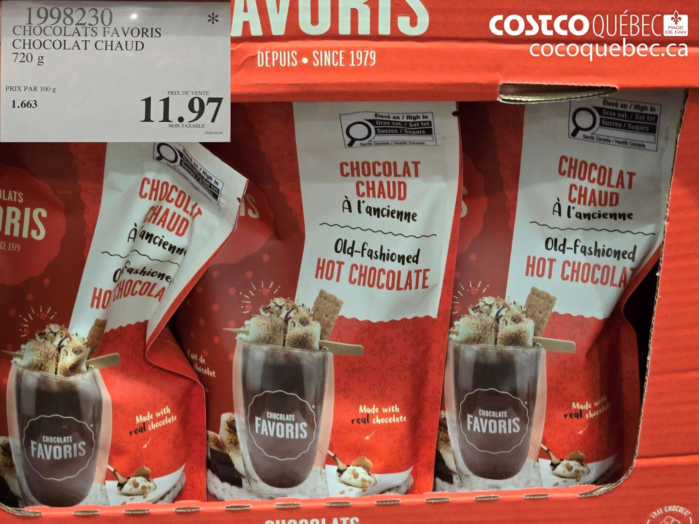 1998230 CHOCOLATS FAVORIS CHOCOLAT CHAUD 720 G $11.97
