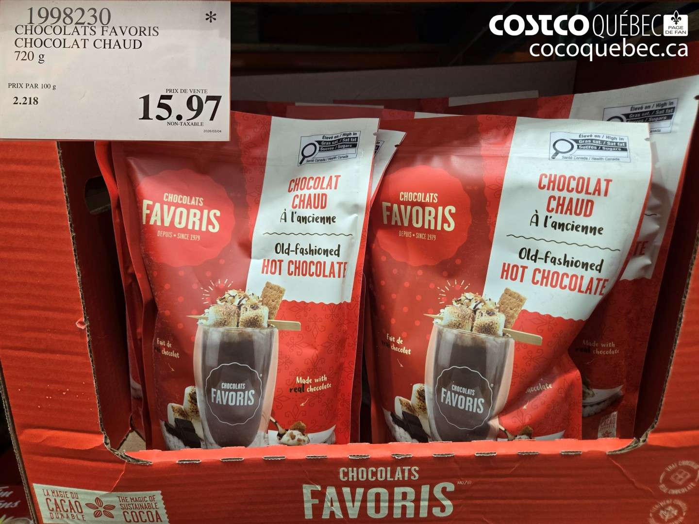 1998230 CHOCOLATS FAVORIS CHOCOLAT CHAUD 720 G $15.97