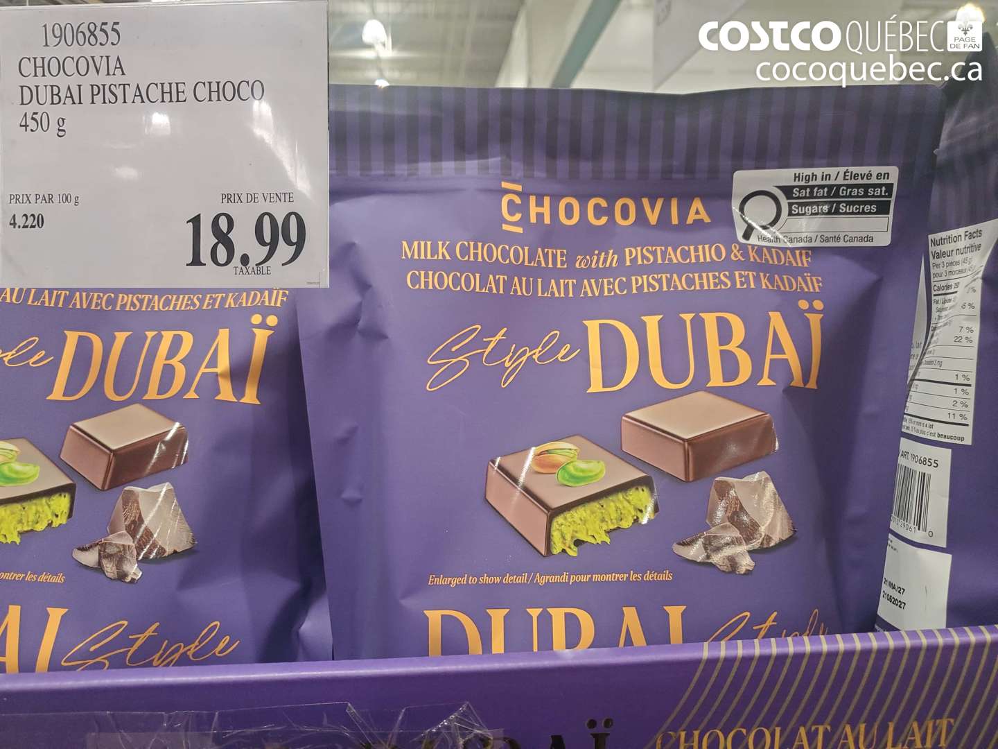 1906855 CHOCOVIA DUBAI PISTACHE CHOCO 450 G $18.99