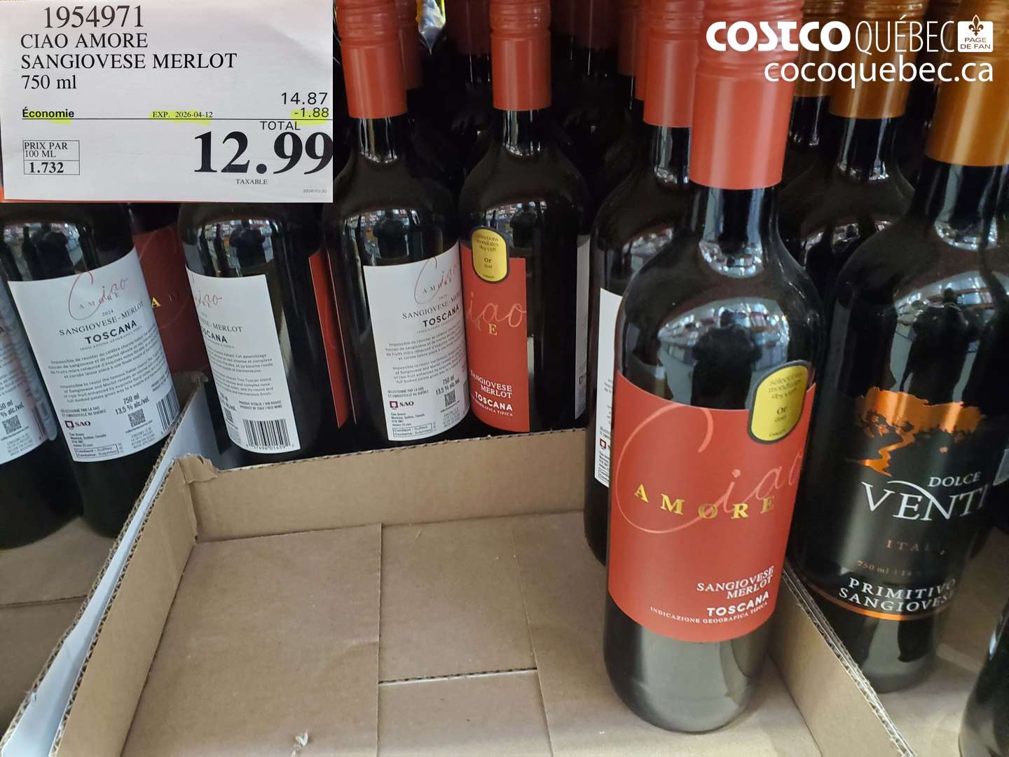 1954971 CIAO AMORE SANGIOVESE MERLOT 750 ML ($1.88 INSTANT SAVINGS EXPIRES ON 2026-04-12) $12.99